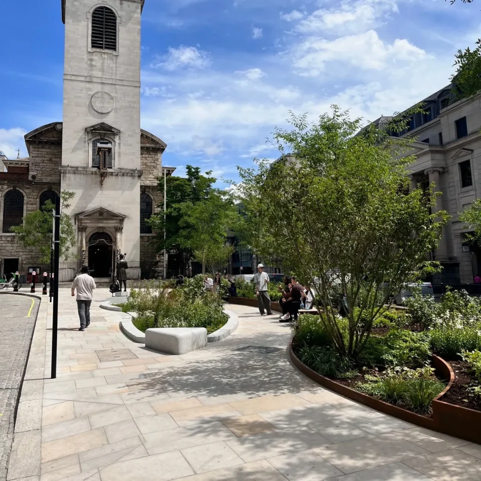 SuDS planting beds and public realm outside a City of London church, used to illustrate sustainable drainage in practice