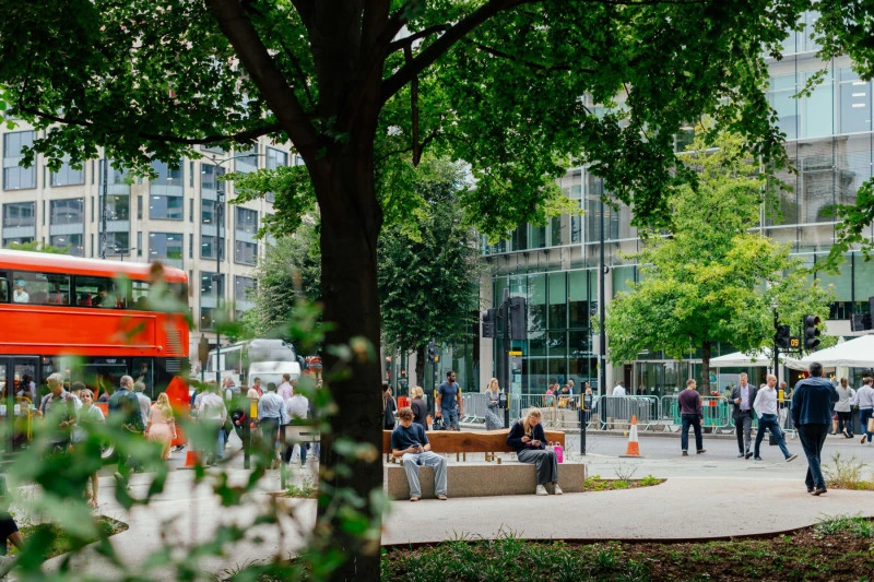 Mature street trees and public seating on a busy City of London street, illustrating retrofit SuDS opportunities in urban settings